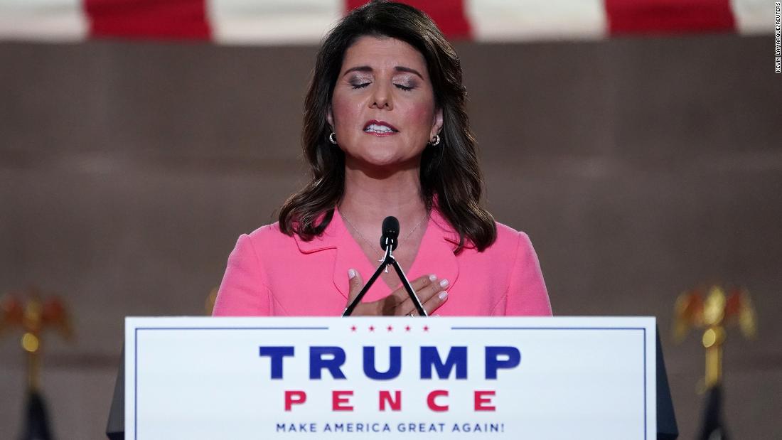 Haley places her hand over her heart during her speech at the 2020 Republican National Convention.