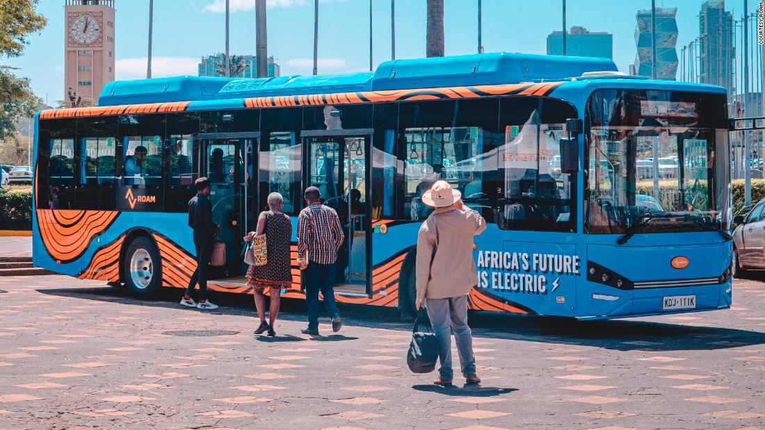 A Roam Rapid electric bus in Nairobi, Kenya. At least two mobility startups are looking to make inroads in the city&#39;s transport market with modern, sustainable alternatives to Nairobi&#39;s ubiquitous matatus (privately owned and operated minibuses).