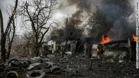 Garages are pictured on fire after missile strike on February 2, 2023 in Kramatorsk, Ukraine.