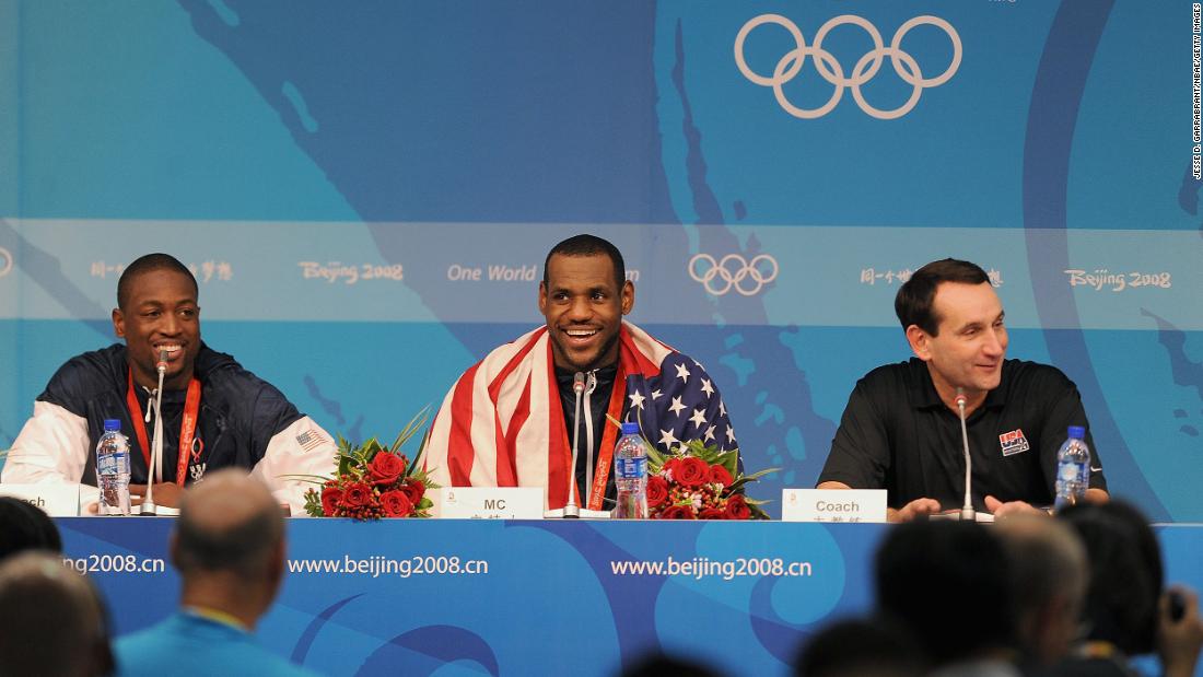 James, seen here between Dwyane Wade and head coach Mike Krzyzewski, returned to the Olympics in August 2008 as part of the &quot;Redeem Team&quot; that went on to win gold.