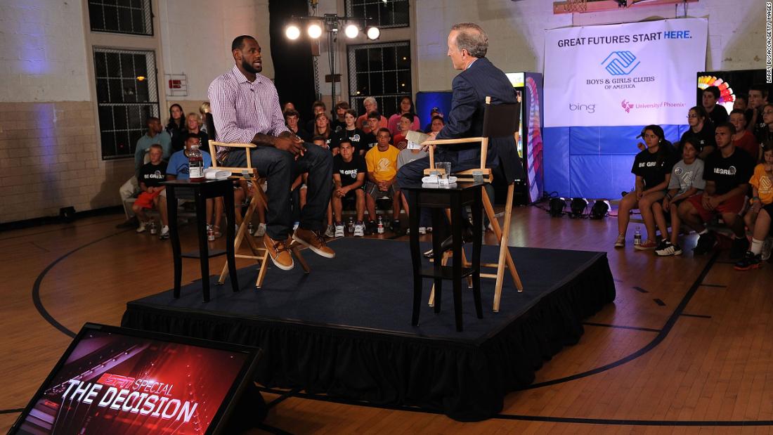 In July 2010, James speaks with ESPN&#39;s Jim Gray at the Boys &amp;amp; Girls Club in Greenwich, Connecticut. It was there that he announced, live on an ESPN program called &quot;The Decision,&quot; that he would be leaving Cleveland to play for the Miami Heat. &quot;I&#39;m going to take my talents to South Beach,&quot; said James, who was a free agent. The show raised millions of dollars for the Boys &amp;amp; Girls Club, but James&#39; decision to leave Cleveland — and announce it live on national television — was criticized by many.