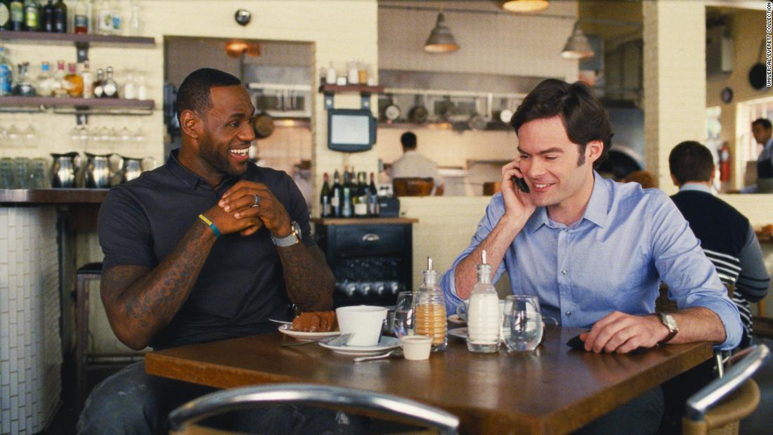 James appears as himself in the 2015 comedic film &quot;Trainwreck&quot; starring Bill Hader, right, and Amy Schumer.