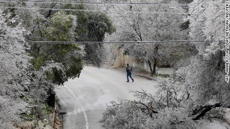 A fallen tree blocks most of Barton Skyway in Austin, Texas, during a winter storm on February 1.