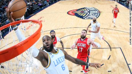 James goes to the basket against the New Orleans Pelicans.