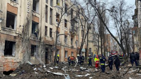 Rescuers work at a site of a residential building damaged by a Russian missile strike, amid Russia&#39;s attack on Ukraine, in central Kharkiv, Ukraine February 5, 2023. REUTERS/Vitalii Hnidyi