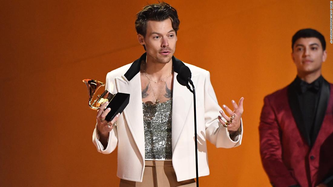 Styles accepts the Grammy for best pop vocal album (&quot;Harry&#39;s House&quot;). &quot;This album from start to finish has been the greatest experience of my life,&quot; &lt;a href=&quot;https://www.cnn.com/entertainment/live-news/grammy-awards-2023/h_54c27e9baee866790103305e6618ba1a&quot; target=&quot;_blank&quot;&gt;the entertainer said&lt;/a&gt;.