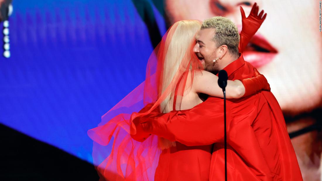 Smith and Kim Petras celebrate after winning the Grammy for best pop duo or group performance (&quot;Unholy&quot;). Petras, who is transgender, &lt;a href=&quot;https://www.cnn.com/entertainment/live-news/grammy-awards-2023/h_6eef4b282b438d089ac302afa2103816&quot; target=&quot;_blank&quot;&gt;gave the acceptance speech on the duo&#39;s behalf&lt;/a&gt;. She thanked &quot;all the transgender legends before me who kicked these doors open for me.&quot;