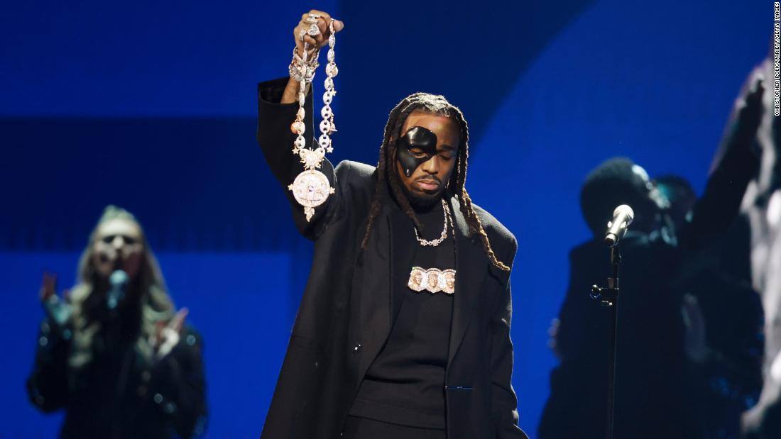 Quavo &lt;a href=&quot;https://www.cnn.com/entertainment/live-news/grammy-awards-2023/h_0d4ac4e348a30cdf2fcf223e840994de&quot; target=&quot;_blank&quot;&gt;pays tribute to fellow Migos member Takeoff&lt;/a&gt; during the &quot;in memoriam&quot; segment on Sunday night. Takeoff was killed in Houston three months ago.