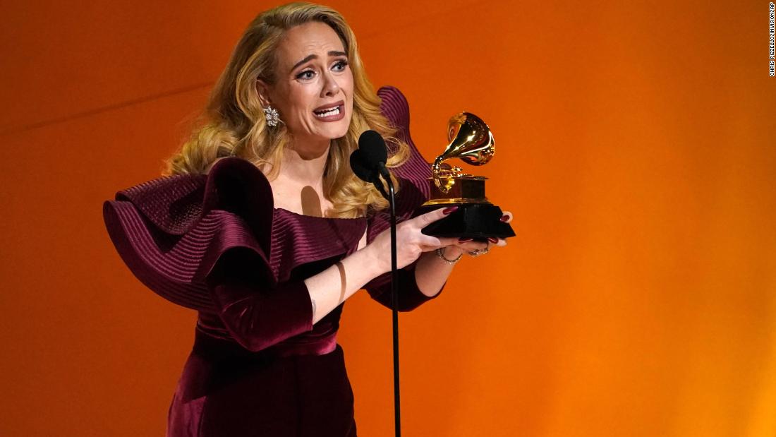 Adele accepts the award for best pop solo performance (&quot;Easy On Me&quot;). &quot;I just want to dedicate this to my son, Angelo,&quot; &lt;a href=&quot;https://www.cnn.com/entertainment/live-news/grammy-awards-2023/h_635575366b86376b1c07b70abf43a918&quot; target=&quot;_blank&quot;&gt;she said&lt;/a&gt;. &quot;I wrote this first verse in the shower when I was choosing to change my son&#39;s life, and he&#39;s been nothing but humble and gracious and loving to me the whole time.&quot;