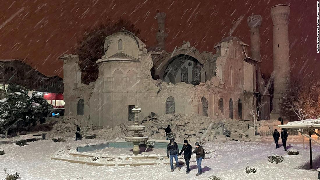 The historic Yeni Mosque is damaged in Malatya. 