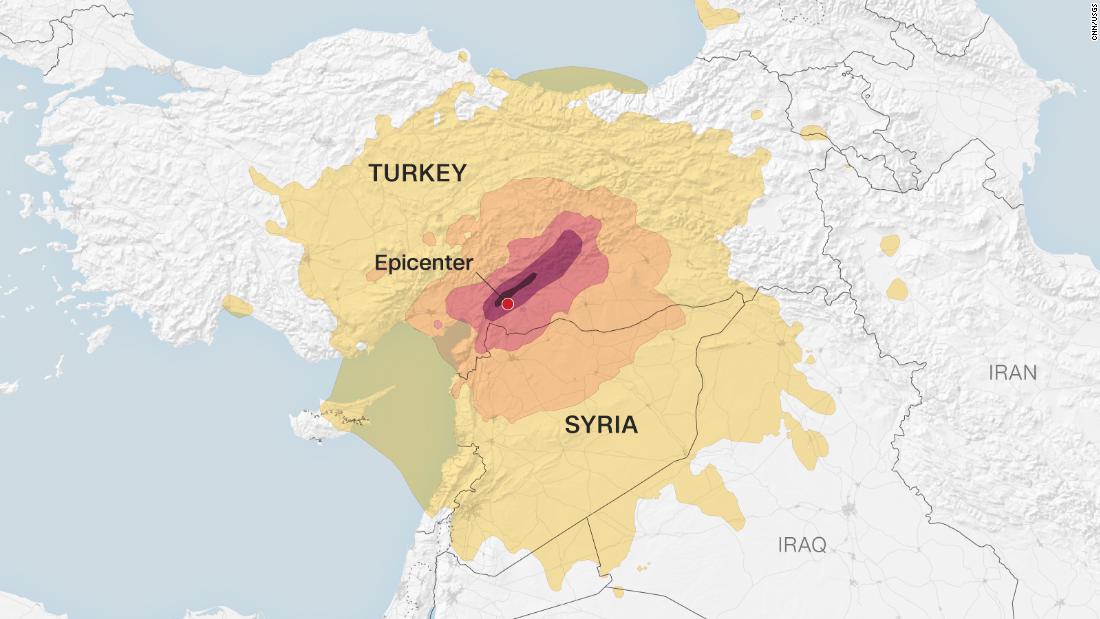 Map Epicenter and aftershock locations of earthquake in Turkey, Syria