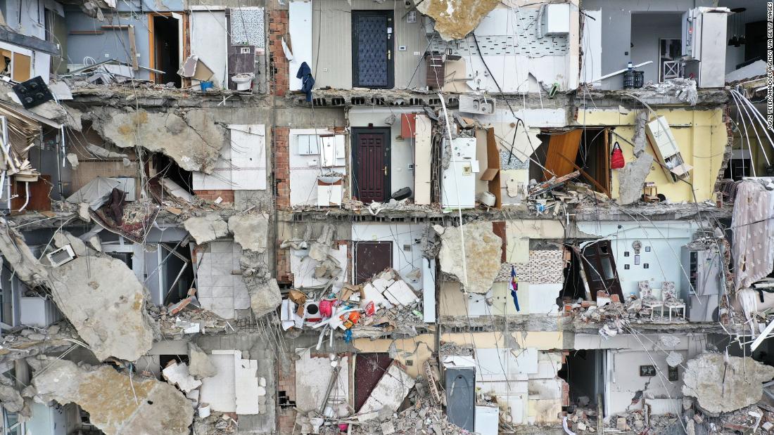 This aerial photo shows a damaged building in Adana.