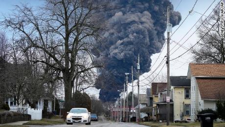 A black plume rises over East Palestine, Ohio, after Monday&#39;s controlled detonation of train cars carrying hazardous materials.