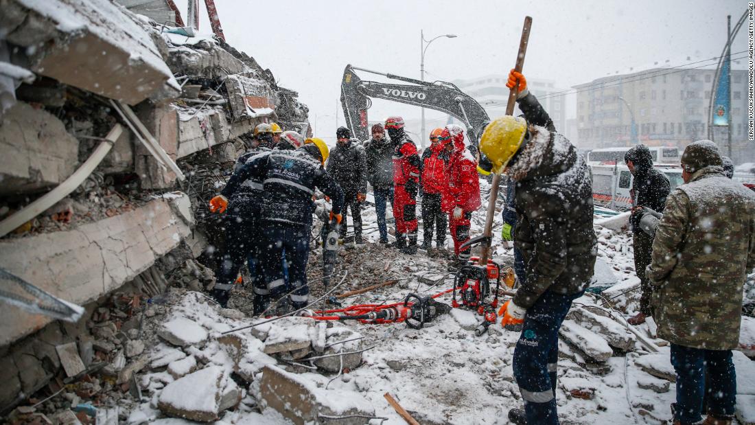 Search-and-rescue efforts continue through cold weather conditions in Malatya, Turkey, on February 7. 