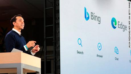 Yusuf Mehdi, Microsoft Corporate Vice President of Modern Life, Search, and Devices, speaks during a keynote address announcing ChatGPT integration for Bing at Microsoft in Redmond, Washington, on February 7, 2023. - Microsoft&#39;s long-struggling Bing search engine will integrate the powerful capabilities of language-based artificial intelligence, CEO Satya Nadella said, declaring what he called a new era for online search. (Photo by Jason Redmond / AFP) (Photo by JASON REDMOND/AFP via Getty Images)