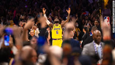 LeBron James of the Los Angeles Lakers celebrates after breaking Kareem Abdul-Jabbars all time scoring record of 38,387 points during the game against the Oklahoma City Thunder on Tuesday.