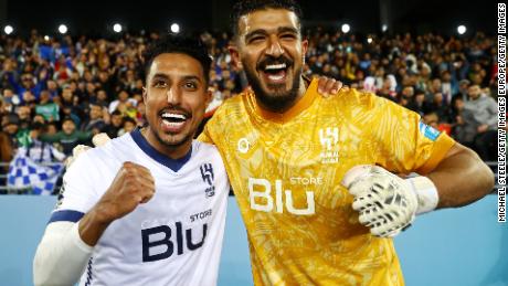 Salem Aldawsari and Abdullah Al-Mayouf of Al Hilal celebrate after the team&#39;s victory over Flamengo in the semifinals of the Club World Cup at Stade Ibn-Batouta.