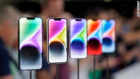 New iPhone 14 models on display at an Apple event on the campus of Apple&#39;s headquarters in Cupertino, Calif., Sept. 7, 2022. 