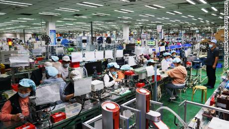 Workers at a Foxconn factory on September 4, 2021 in Zhongmu County, Zhengzhou City, Henan Province of China. 
