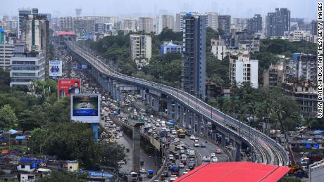 An aerial view of Mumbai Metro Line 7 between Andheri East station and Aarey Metro station on its Andheri (East)-Dahisar (E) route on Western Express Highway, on July 26, 2022 in Mumbai, India. 