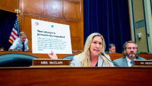 United States Representative Marjorie Taylor Greene (Republican of Georgia) offers emotionally charged remarks at Yoel Roth, former Global Head of Trust &amp; Safety, Twitter, during a House Committee on Oversight and Accountability hearing Protecting Speech from Government Interference and Social Media Bias Part 1: Twitters Role in Suppressing the Biden Laptop Story in the Rayburn House Office Building in Washington, DC, Wednesday, February 8, 2023. Credit: Rod Lamkey / CNP/Sipa USANo Use Germany.