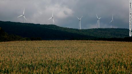 Wind turbines stand along Backbone Mountain in the US state of Maryland. The 70-megawatt wind farm runs along eight miles of the mountain ridge.