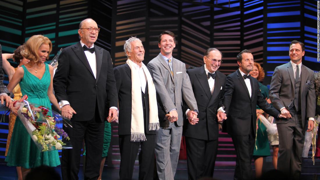 Bacharach, third from left, takes a bow on the opening night of the Broadway musical &quot;Promises, Promises&quot; in 2010. With him, from left, are Kristin Chenoweth, Simon, Sean Hayes, David, Rob Ashford and Tony Goldwyn.