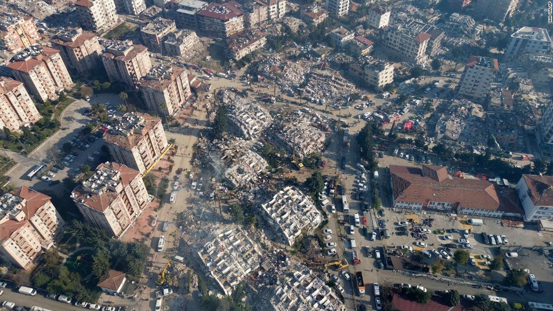 Destruction is seen in the center of Hatay on February 9.