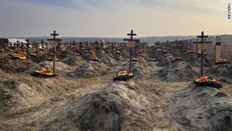 Graves of Russian Wagner mercenary group fighters are seen in a cemetery near the village of Bakinskaya in Russia&#39;s Krasnodar region on January 22, 2023.