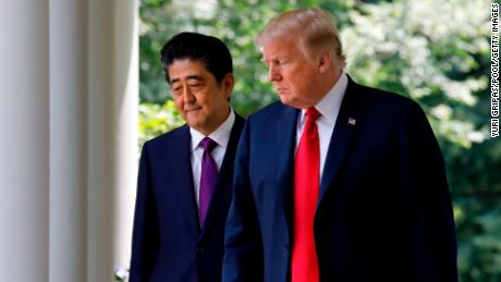 U.S. President Donald Trump (R) and Prime Minister of Japan Shinzo Abe walk out from the Oval Office before their joint news conference in the Rose Garden of the White House on June 7, 2018 in Washington, DC. 