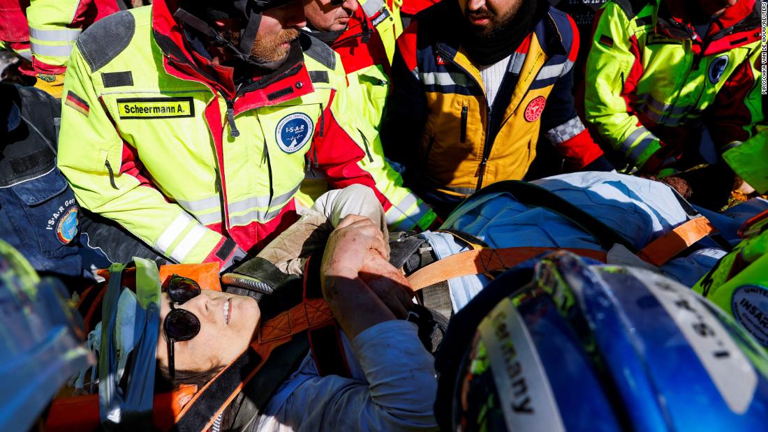 Rescuers carry Zeynep Kahraman after &lt;a href=&quot;https://www.reuters.com/world/middle-east/after-104-hours-buried-by-turkey-earthquake-woman-brought-out-alive-2023-02-10/&quot; target=&quot;_blank&quot;&gt;pulling her alive&lt;/a&gt; from the rubble of a building in Kirikhan, Turkey, on February 10.