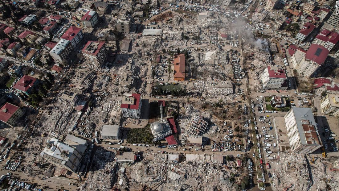 Destruction is seen in the city center of Kahramanmaras on February 9.