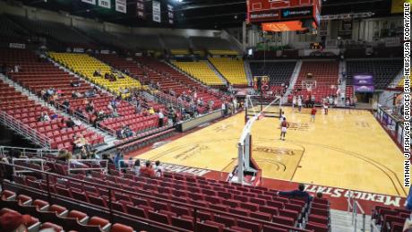 The NMSU men&#39;s basketball team, seen here practicing at the Pan American Center in Las Cruces in 2019, has been suspended &quot;until further notice,&quot; according to the university. 