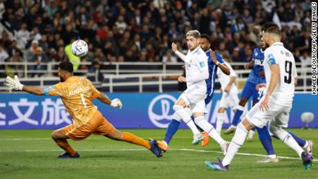 Real Madrid&#39;s Federico Valverde (C) scores his team&#39;s fourth goal. 
