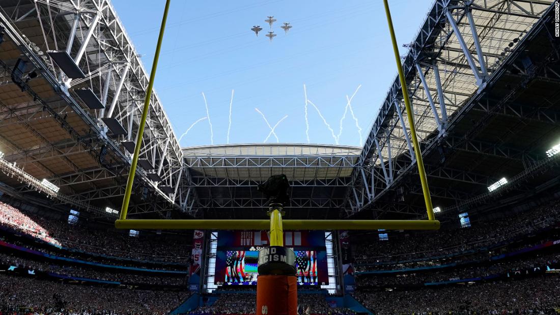 US Navy jets fly over State Farm Stadium before the start of the game. For the first time ever, the ceremonial act &lt;a href=&quot;https://www.cnn.com/2023/02/10/sport/all-women-flyover-super-bowl-lvii-spt-intl/index.html&quot; target=&quot;_blank&quot;&gt;was performed by an all-women crew&lt;/a&gt;.