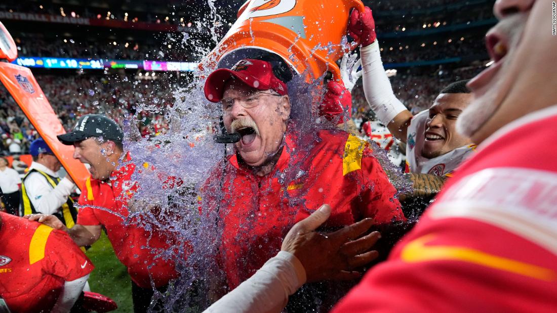 Chiefs head coach Andy Reid is dunked with Gatorade after the win.