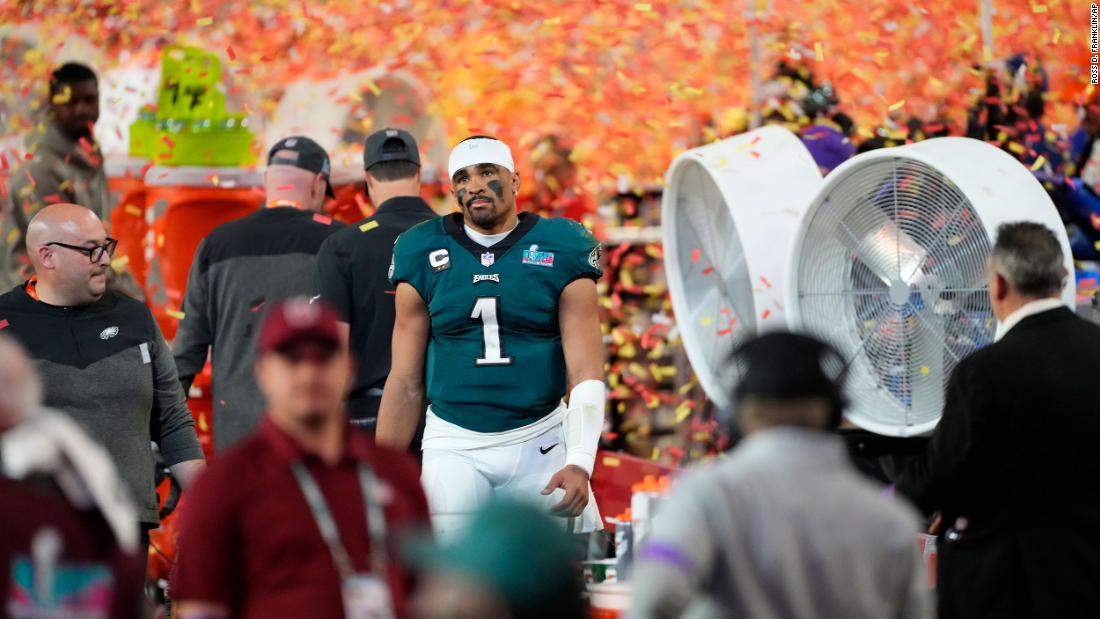 Eagles quarterback Jalen Hurts reacts after the game.