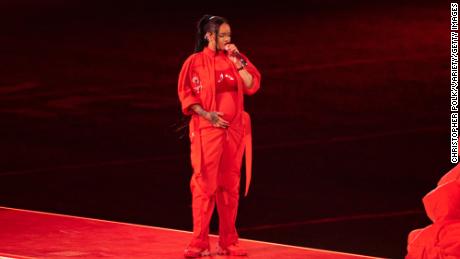 Rihanna performing her hits at the Apple Super Bowl LVII Halftime Show in Glendale, Arizona.