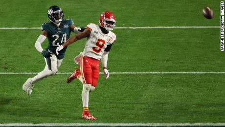 James Bradberry of the Philadelphia Eagles was called for holding Kansas City&#39;s JuJu Smith-Schuster late in the fourth quarter of Sunday&#39;s Super Bowl.