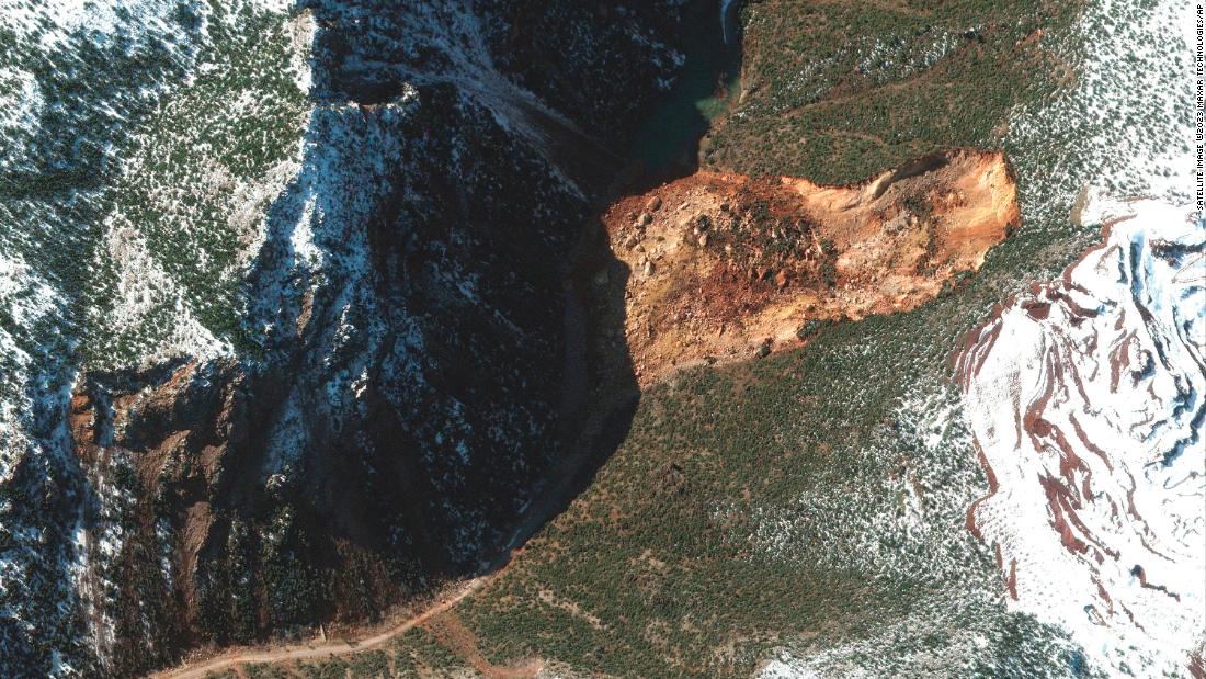 This satellite image, taken on February 13, shows a landslide blocking a road in Islahiye, Turkey.