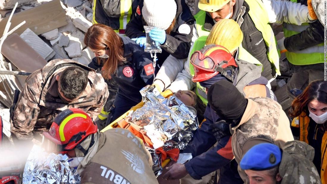 A woman is rescued from rubble in Hatay, Turkey on February 14. Rescue teams in southern Turkey &lt;a href=&quot;https://www.cnn.com/2023/02/14/europe/turkey-earthquake-voices-heard-under-rubble-intl-hnk/index.html&quot; target=&quot;_blank&quot;&gt;said they were still hearing voices from under the rubble&lt;/a&gt; more than a week after the earthquake.