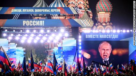 Putin addresses a rally in Red Square marking the illegal Russian annexation of four regions of Ukraine -- Luhansk, Donetsk, Kherson and Zaporizhzhia -- in September.
