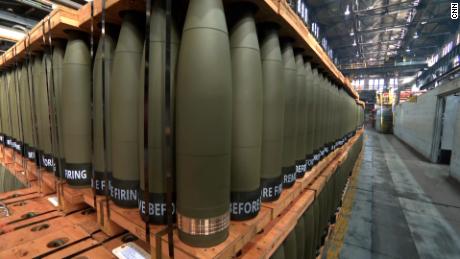 Racks of painted 155mm artillery shells inside the Scranton Army Ammunition Plant.