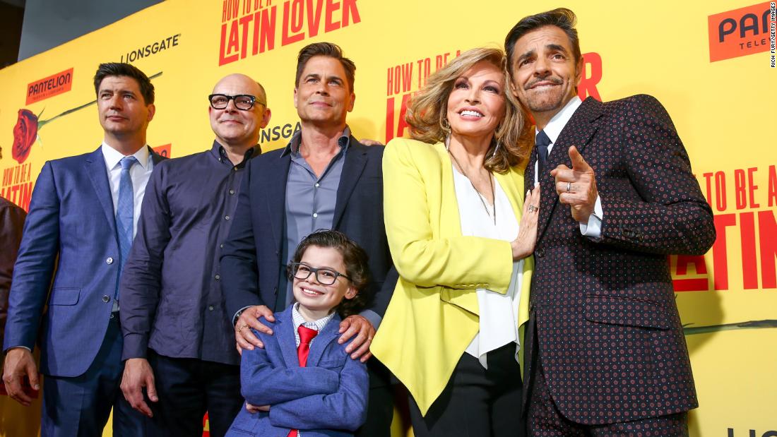 Welch attends the premiere of the 2017 film &quot;How to Be a Latin Lover&quot; with director Ken Marino, left, and co-stars Rob Corddry, Rob Lowe, Raphael Alejandro and Eugenio Derbez. It was Welch&#39;s last film credit.