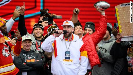 Kansas City Chiefs tight end Travis Kelce hypes up the crowd at the Super Bowl victory celebration rally.
