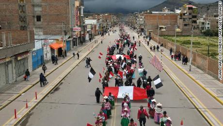 Demonstrators hold a protest against the government of President Dina Boluarte and to demand her resignation, in Puno, Peru, on January 19, 2023. 