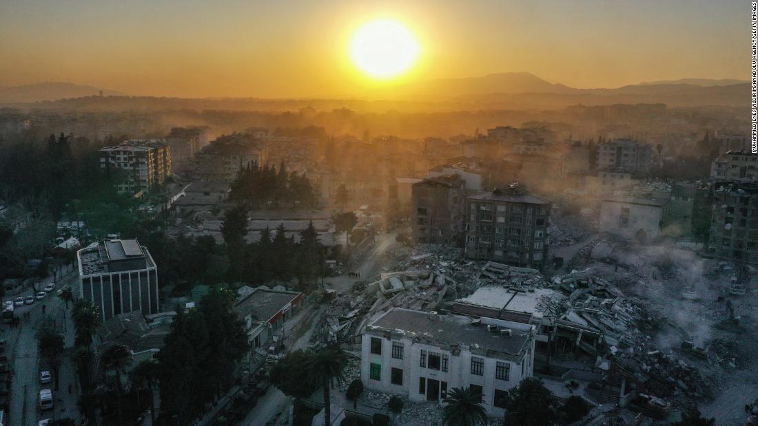 An aerial view of collapsed buildings in Hatay, Turkey, on February 18, 2023.