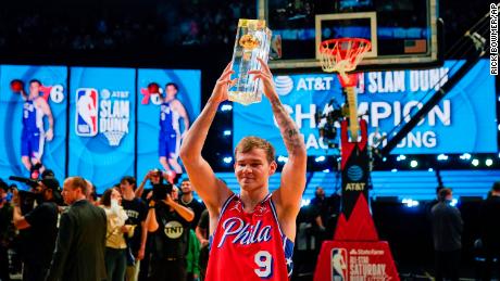Mac McClung of the Philadelphia 76ers reacts after winning the slam dunk competition.