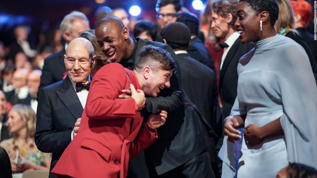 Barry Keoghan greets Micheal Ward in the crowd. 
