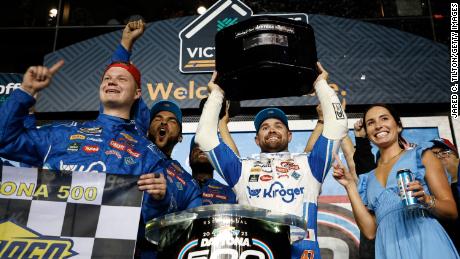 Ricky Stenhouse Jr. holds his trophy after winning the Daytona 500 in double overtime. 